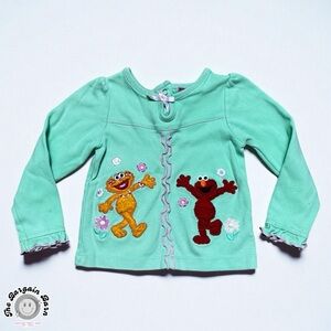 RARE Sesame Street by Nannette Elmo & Zoe Embroidered Mint Long Sleeve Top (2T)